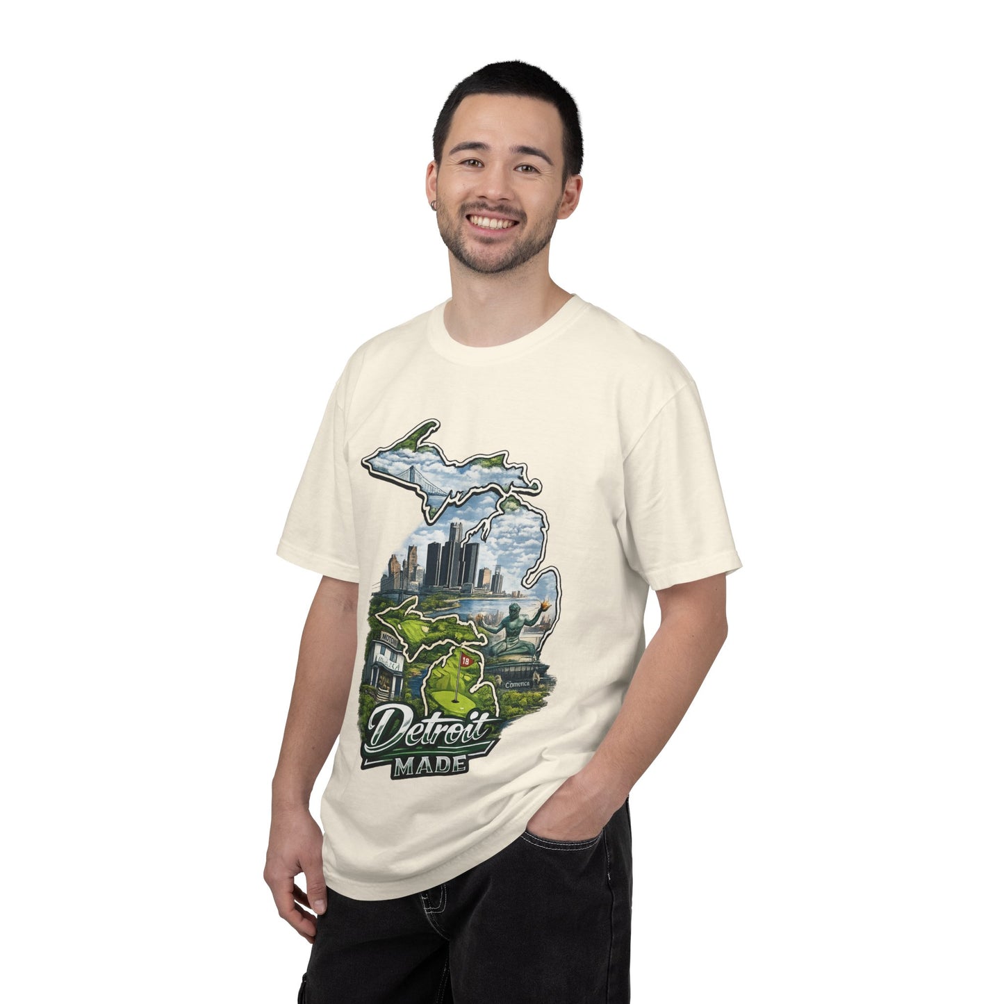 Detroit Made Michigan T-Shirt — State Outline with Detroit Skyline & Parks