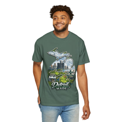 Detroit Made Michigan T-Shirt — State Outline with Detroit Skyline & Parks