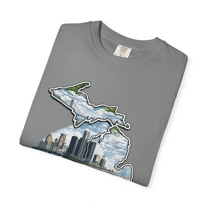 Detroit Made Michigan T-Shirt — State Outline with Detroit Skyline & Parks