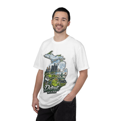 Detroit Made Michigan T-Shirt — State Outline with Detroit Skyline & Parks