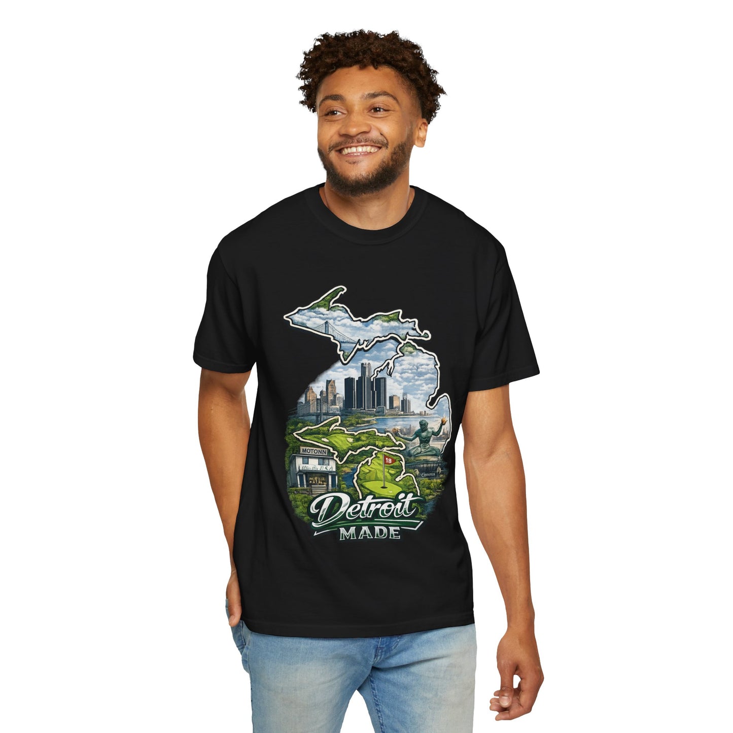 Detroit Made Michigan T-Shirt — State Outline with Detroit Skyline & Parks