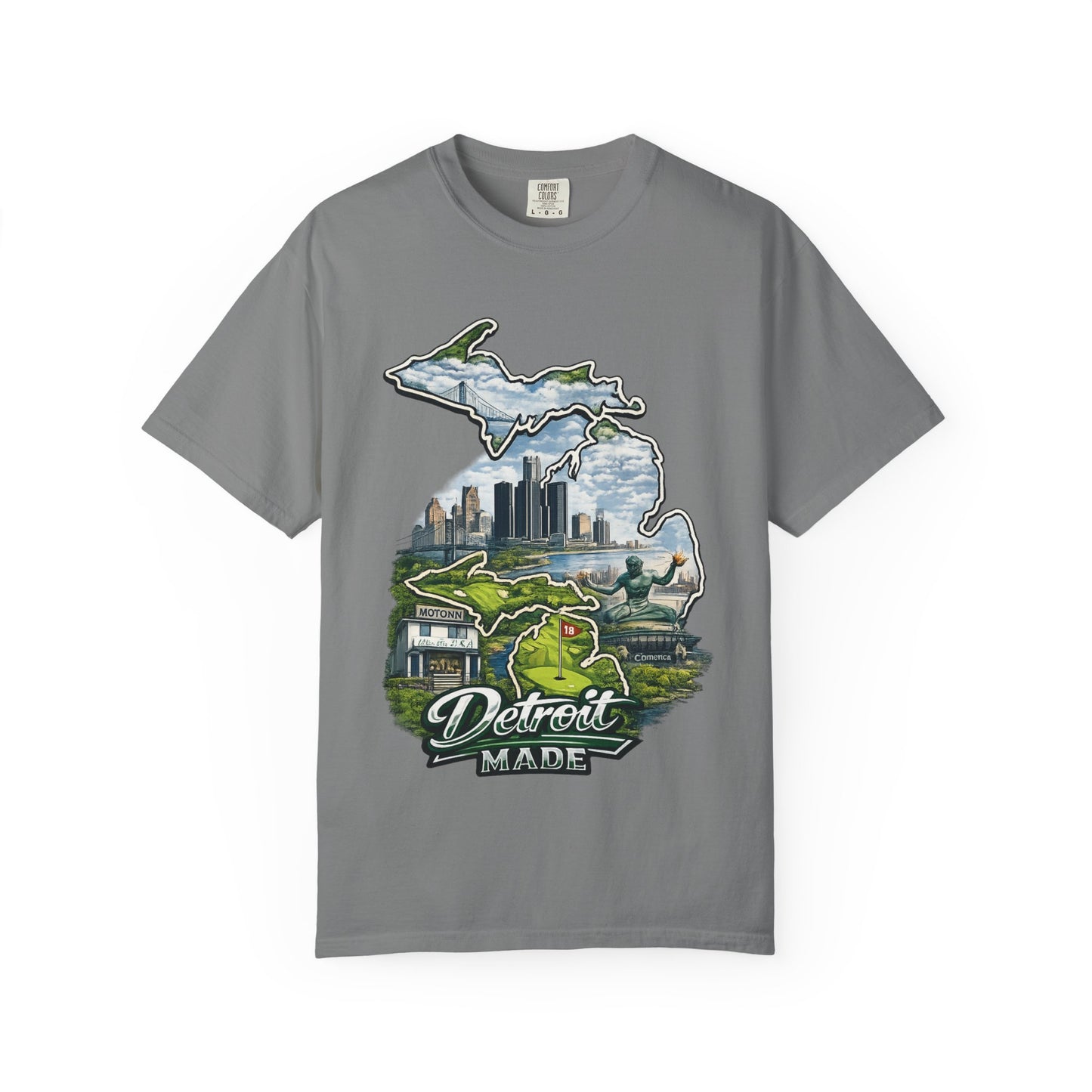 Detroit Made Michigan T-Shirt — State Outline with Detroit Skyline & Parks