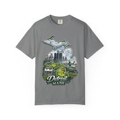 Detroit Made Michigan T-Shirt — State Outline with Detroit Skyline & Parks