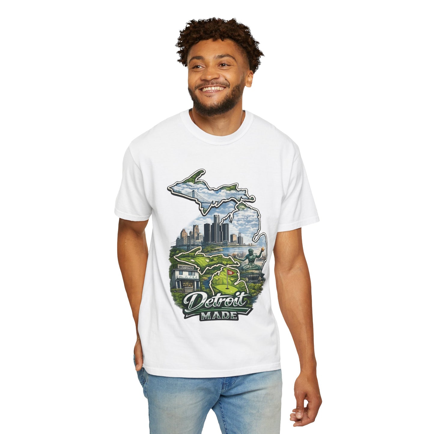 Detroit Made Michigan T-Shirt — State Outline with Detroit Skyline & Parks