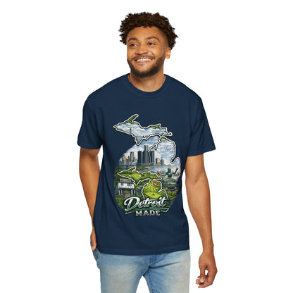 Detroit Made Michigan T-Shirt — State Outline with Detroit Skyline & Parks