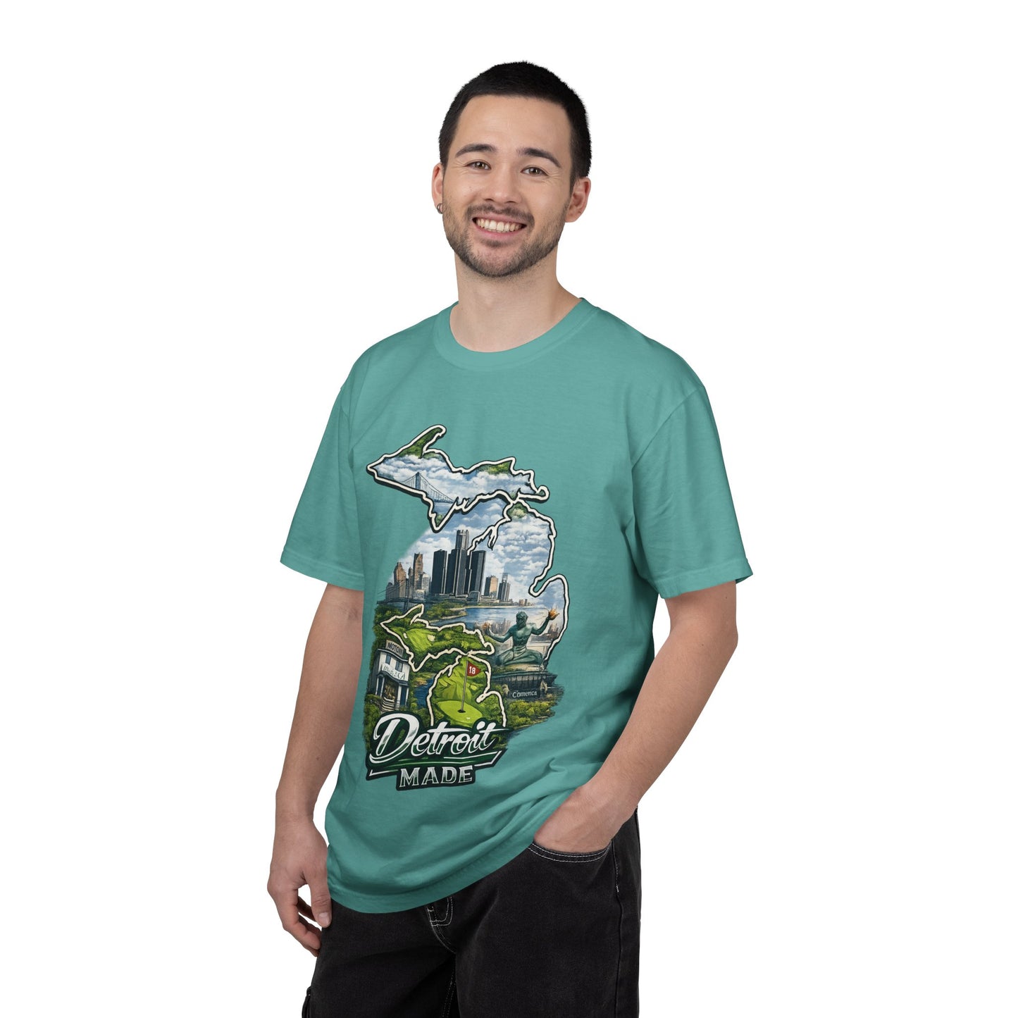 Detroit Made Michigan T-Shirt — State Outline with Detroit Skyline & Parks