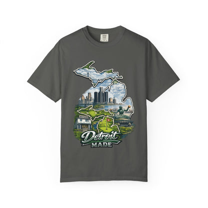 Detroit Made Michigan T-Shirt — State Outline with Detroit Skyline & Parks