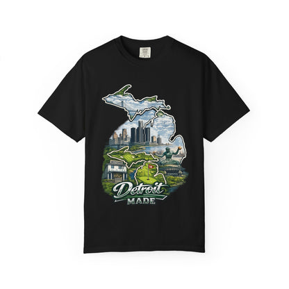 Detroit Made Michigan T-Shirt — State Outline with Detroit Skyline & Parks